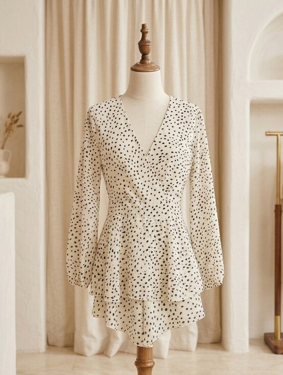 Pants - White & Blk Long Sleeve Shorts Romper Wrap Style Front, Tie Back, Sheer Overlay.